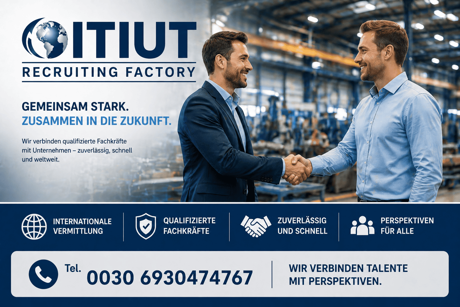 ITIUT Recruiting Factory - Gemeinsam stark. Zusammen in die Zukunft. Wir verbinden qualifizierte Fachkräfte mit Unternehmen - zuverlässig, schnell und weltweit.